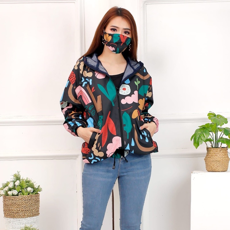 JAKET PARASUT PRINTING WANITA ANTI AIR WATERPROOF free masker OLAHRAGA SEPEDA-Black flow art