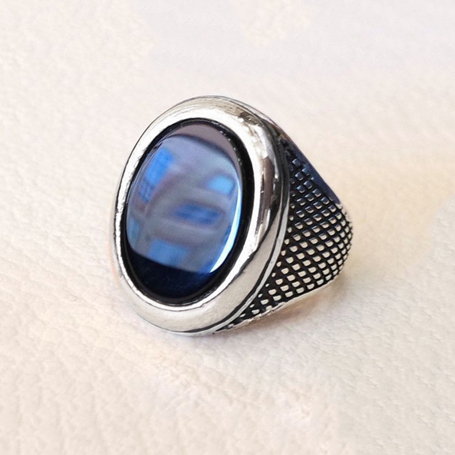 Cincin Bahan Titanium Steel Warna Silver Hias Batu Permata Agate Hitam Gaya Vintagepunk Untuk Pria