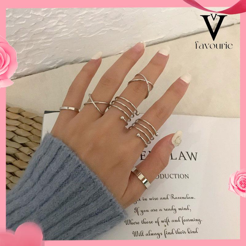 [COD]Pembukaan cincin silang geometris kepribadian retro enam potong set gelang cincin jari telunjuk logam-FA