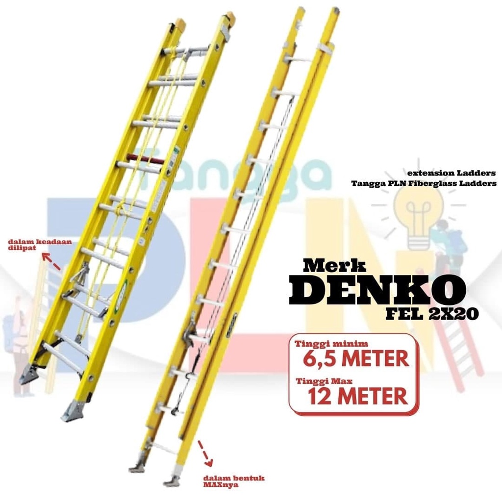 Tangga PLN Fiberglass Extension Ladder Merk DENKO FEL 2X20 | 12 Meter Sliding Sorong