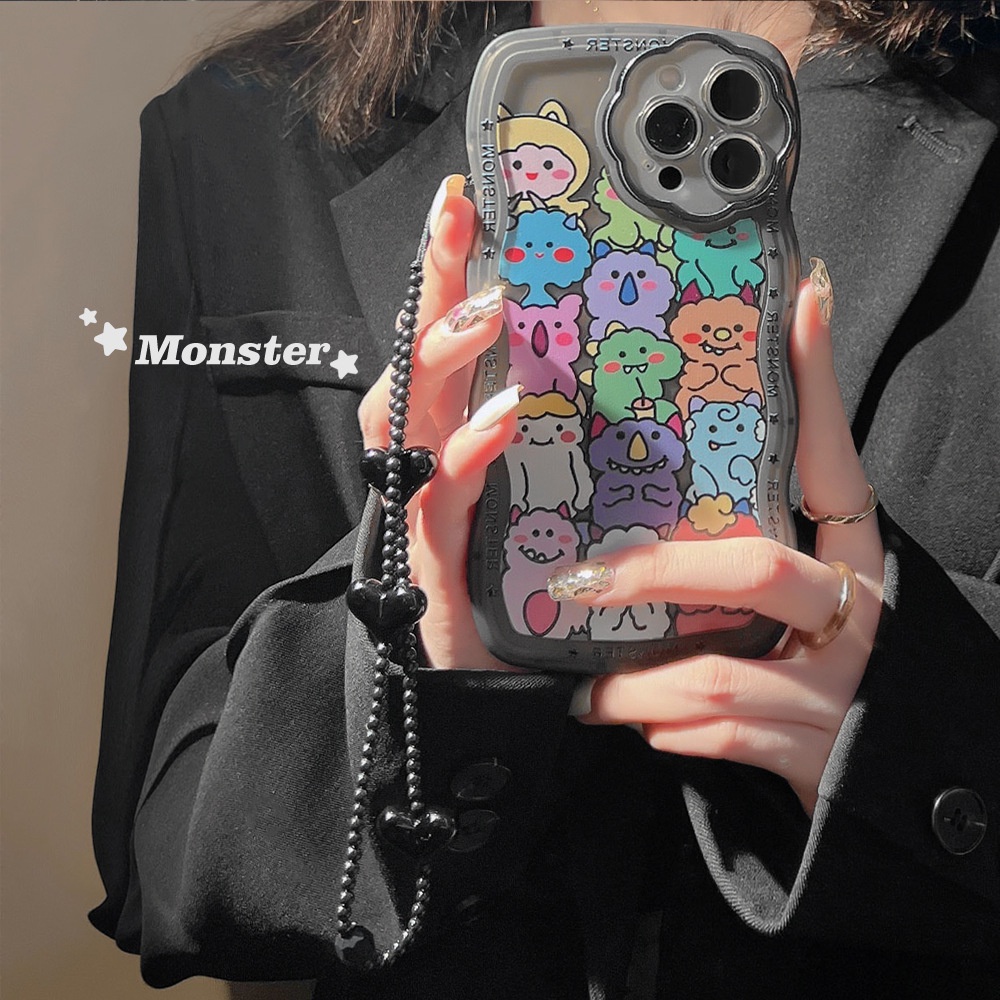 IPHONE Kartun Monster Transparan Hitam Bunga Pelindung Lensa Kamera Ponsel Case Cover Dengan Manik-Manik Rantai Untuk Iphone7 8 PLUS X XR XS 11 12 13 14 PRO MAX SE 2020