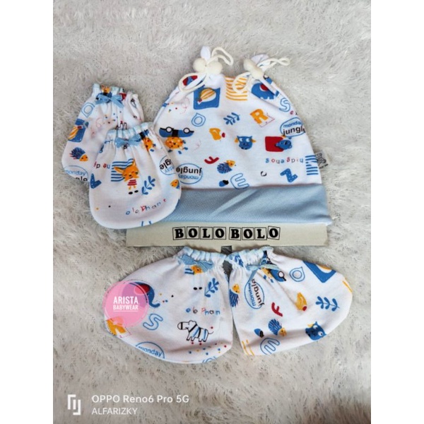 SNI BOLOBOLO - SET topi+Sartaki bayi PUTIH MOTIF