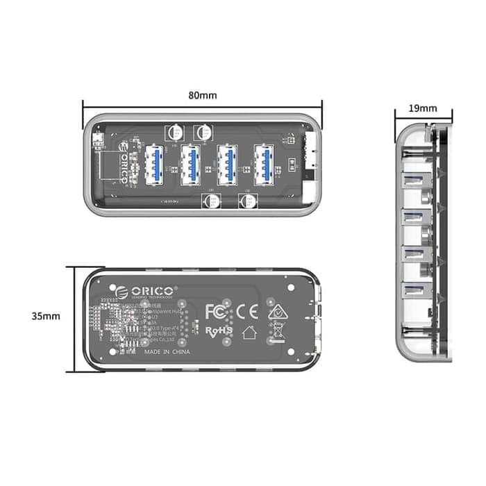 Orico USB HUB F4U-U3 4 Port USB 3.0 Transparant