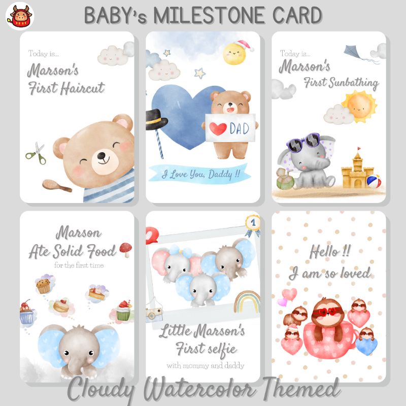 Baby Milestone Card Premium Design Watercolored Baby Boy Cloudy themed Kartu Selfie Bayi High Quality desain terbaru