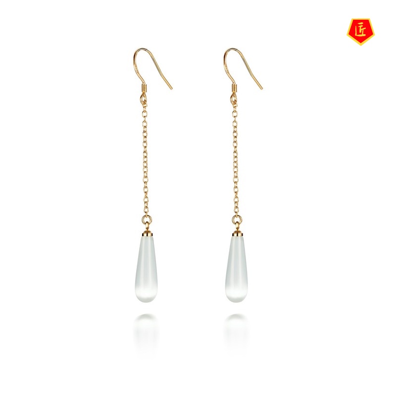 [Ready Stock]Retro Long Tassel Opal Earrings Women's Fashion