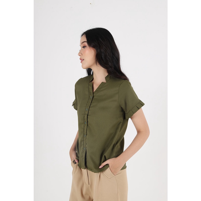 Sorabel - Dixasa Plain Pleats Blouse / Kemeja Wanita Lengan Pendek-Olive