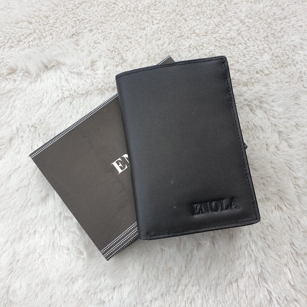 ENOLA Dompet Pria Kulit Asli Model Lipat Buku Paspor Berdiri 3/4 Dompet Kulit Sapi Asli 3412 Enola Original-Black