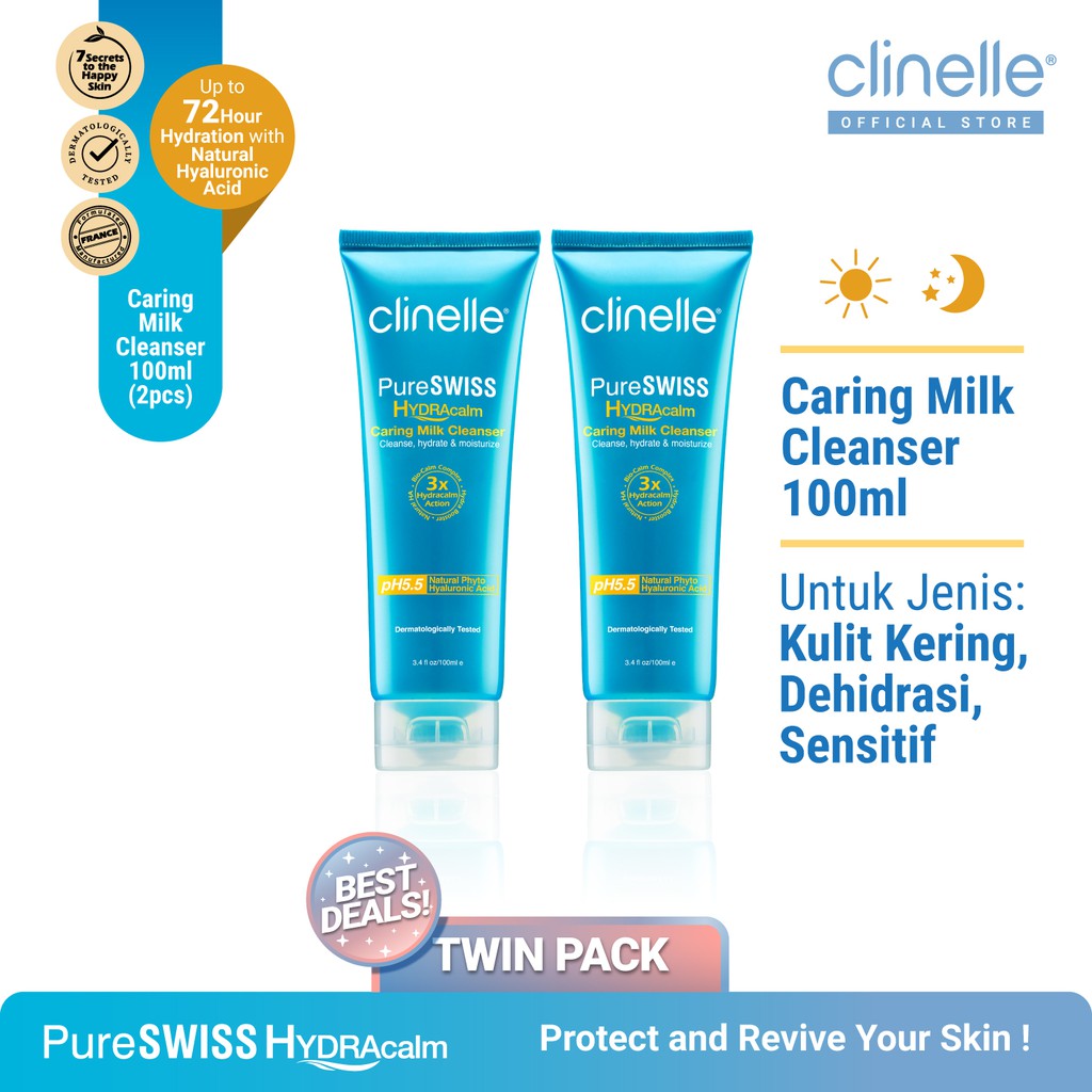 [Twin Pack] CLINELLE PureSwiss Hydracalm Caring Milk Cleanser 100ml x 2 Pcs - Susu Pembersih Wajah K