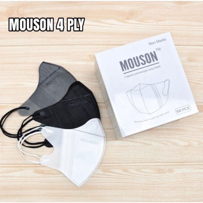 Masker Mouson Duckbill Garis 4 PLY isi 50 pcs Impor Disposable Mask Dewasa Hitam / Putih