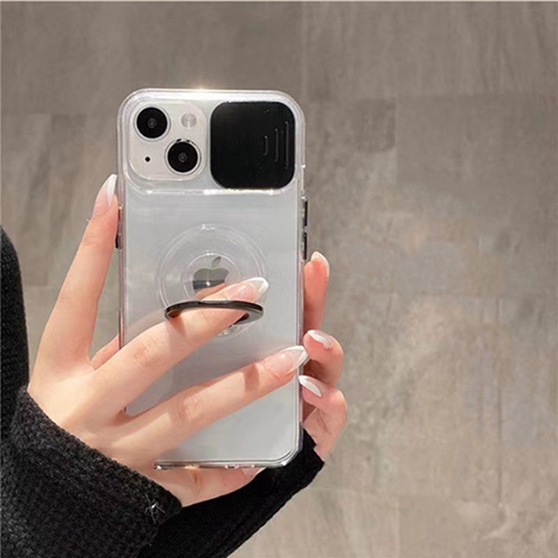 Casing For iPhone 14 13 12 11 Pro Max X XR Xs Max 7 8 6 6s Plus SE 2020 Push-pull Camera Lens Protection Phone Case With Bracket Ring Holder Transparent Shockproof Silicone Soft TPU Protective Cover