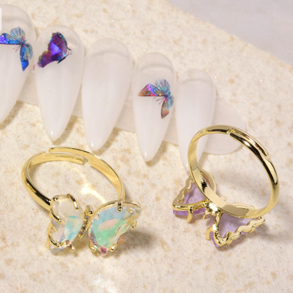 AUGUSTINA Agustinina Kristal Kupu-Kupu Cincin AB Berlian Adjustable DIY Nail Art Shiny Nail Aksesoris Foto Properti Perhiasan Kuku