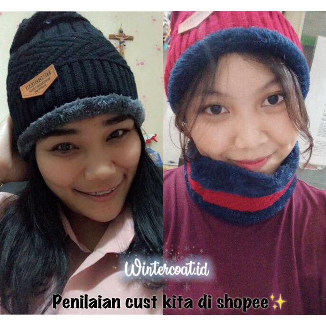 Beanie Hat + Neck warmer 1 set topi kupluk dan penghangat leher winter topi musim dingin hangat pria