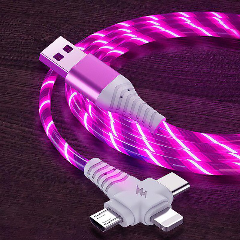 Kabel Lampu Luminous 3in1 LED Mengalir Micro Charging USB Tipe C 8pin Charger