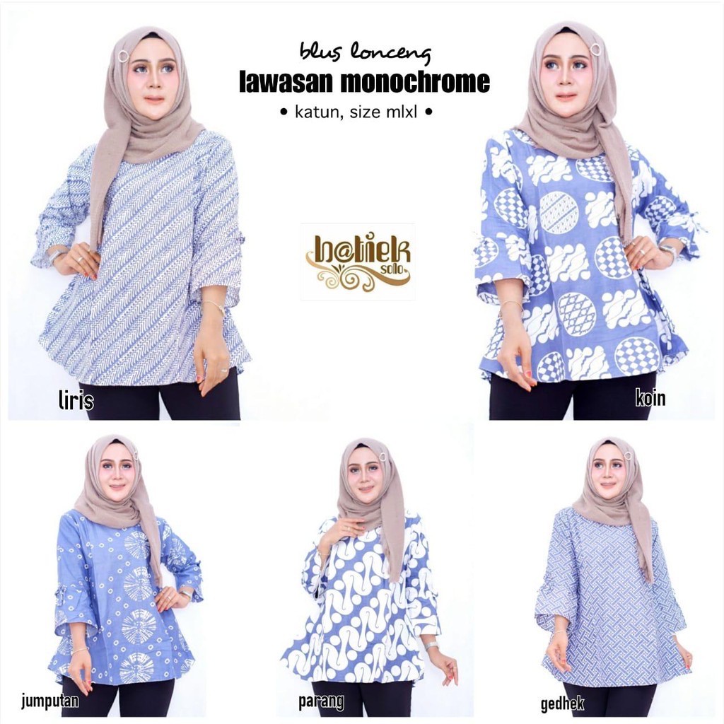 Blus Lonceng Lawasan  BIRU Terompet Monochrome Indigo Biru Batik Kerja Seragam Casual Cakep Kekinian