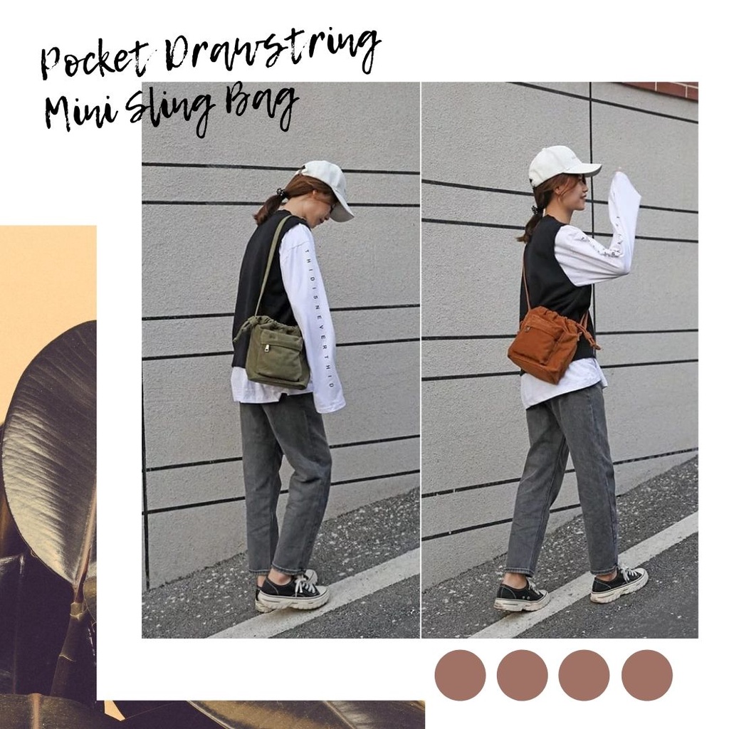 OAOE PDMS Canvas Drawstring Small Pocket Sling Bag (Tas Selempang Serut Saku) Cewek Cross body Cross
