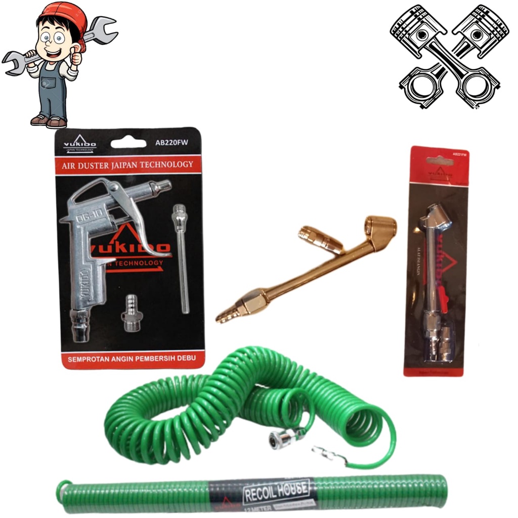 HEMAT GAN !! YUKIDO Set Air chuck Pengisi Angin Ban Plus Selang Angin Spiral/Recoil Hose Spiral air chuck air duster paket tambal ban