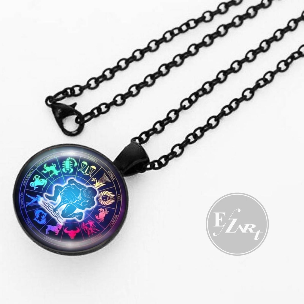 MODEL BARU - KALUNG ZODIAK 12 ZODIAC WHEEL DIAGRAM HOROSCOPE LIONTIN KACA RANTAI HITAM SILVER