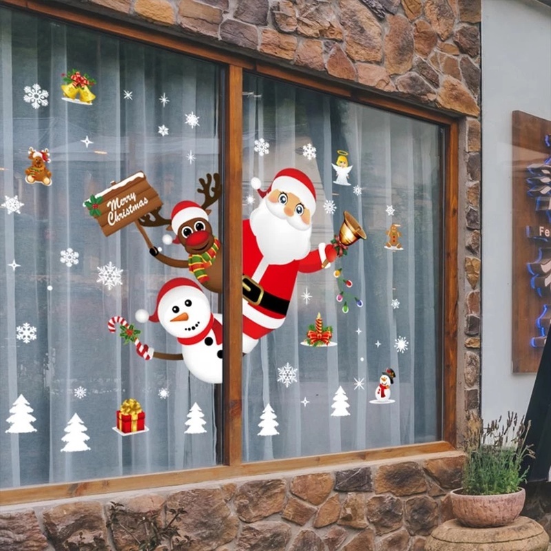 Cartoon Santa Claus Snowman Christmas Window Sticker / Merry Christmas Glass Decor For Home New Year Party / Xmas House Decorations