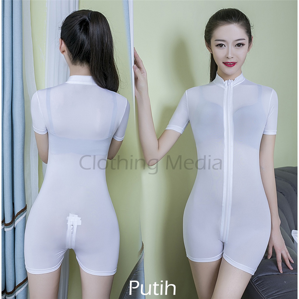 Bodysuit Silky Sepaha Jumper Dua Zipper Leotard Lingerie Mini Jumpsuit