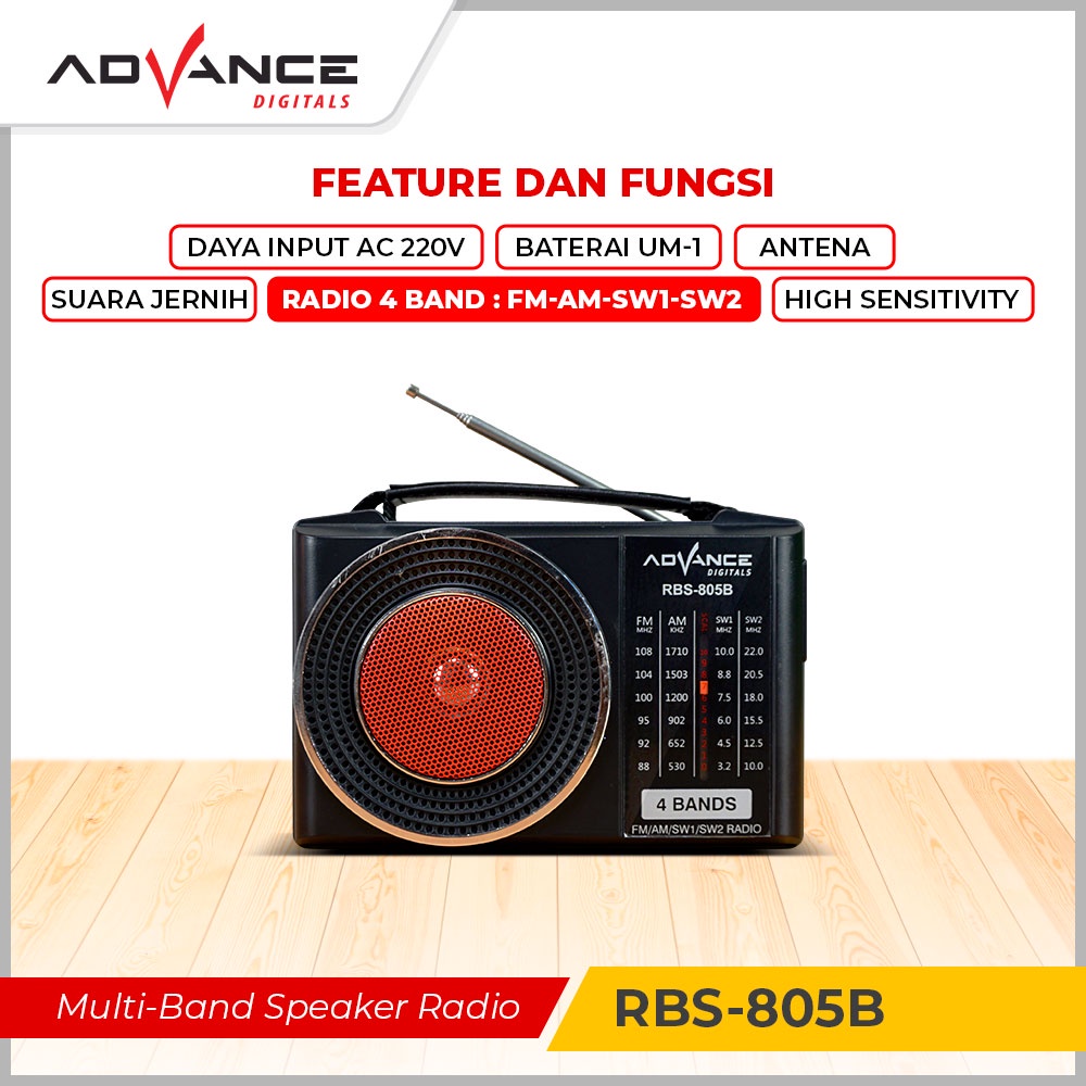 Radio ADVANCE RBS-805 FM / AM / SW1 / SW2 4 Band Speaker Radio - Baterai atau listrik