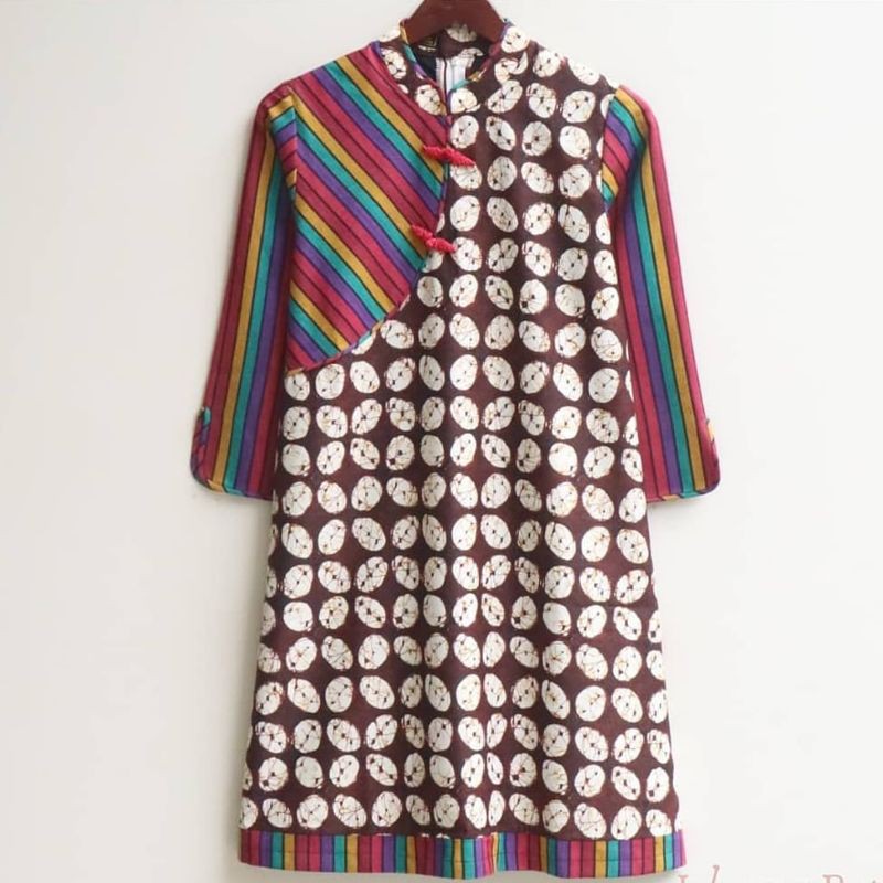 Tunik Batik Kerja Kantor Atasan Wanita Kawung Kombinasi Lurik Lapis Tricot