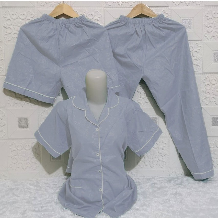 ISANNY PIYAMA SET 3IN1 SIZE XXL/SATIN EMBOSS 3IN1 JUMBO/BAJU TIDUR DEWASA/READY STOCK-ABU MUDA