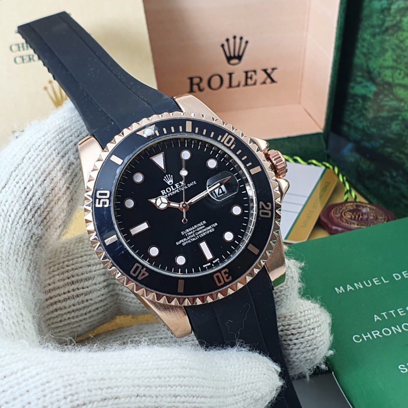 Jam Tangan Pria Rolex Submariner Rubber/Karet Body Steel Tanggal Aktiv Ring Puter Diameter 4,3Cm