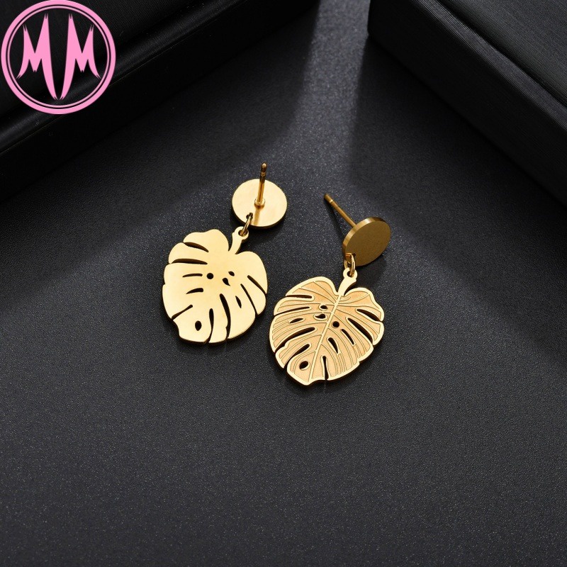 MORYMOSHI E143 Anting Wanita Titanium Stainless Daun Emas Anti Karat Anti Luntur Fashion Korea