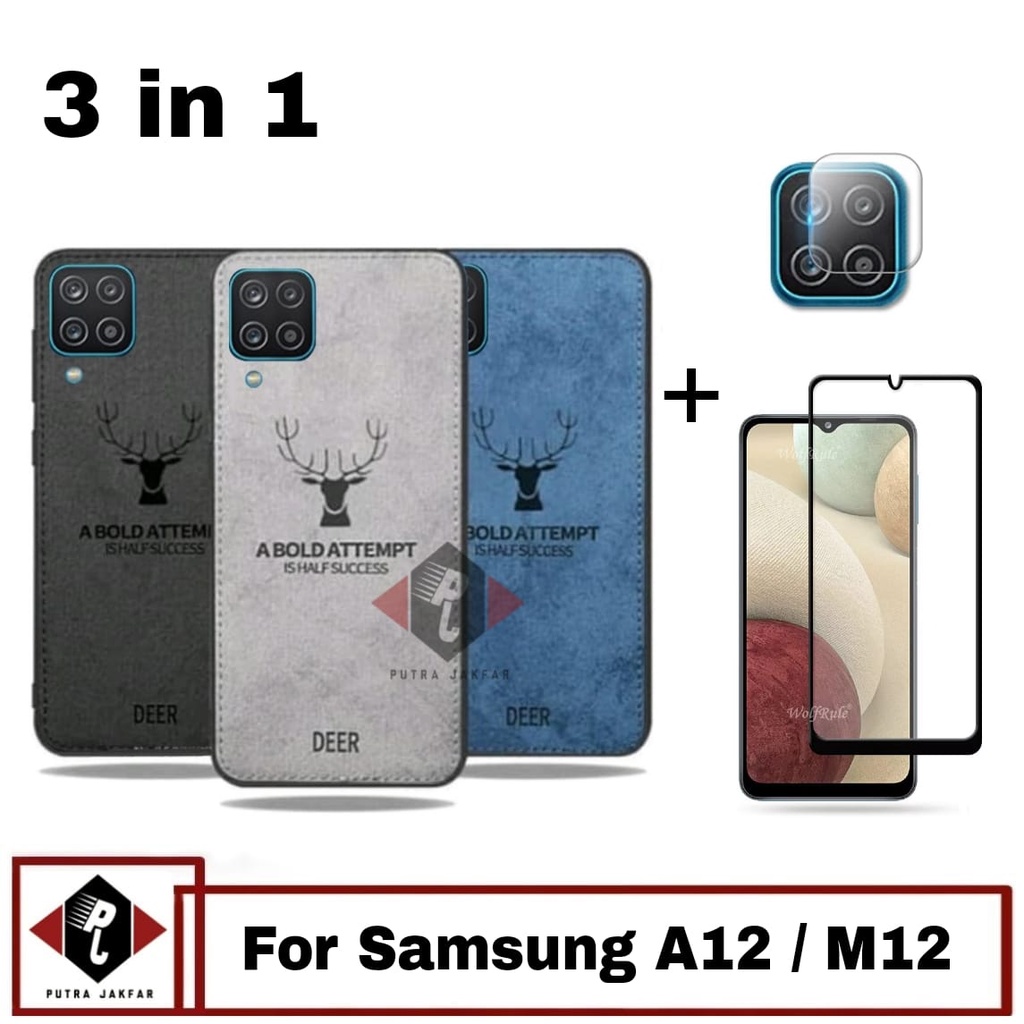 Paket 3in1 Case Deer Samsung A12 / M12 Anti Gores Layar Free Camera