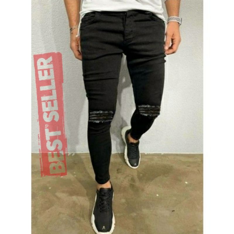 CELANA JEANS SOBEK PRIA RIPPED ROBEK SLIMFIT PENSIL STRETCH HITAM PREMIUM 27-38