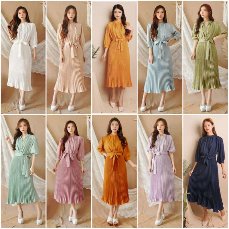 ❣️SPECIAL PRICE ♡ PREMIUM ♡ ORIGINAL ! GABRIELLE TUNIK PLEATED BUTTON PLISKET PLEATED OBI TIED MIDI DRESS ( BUSUI &amp; HIJAB FRIENDLY )