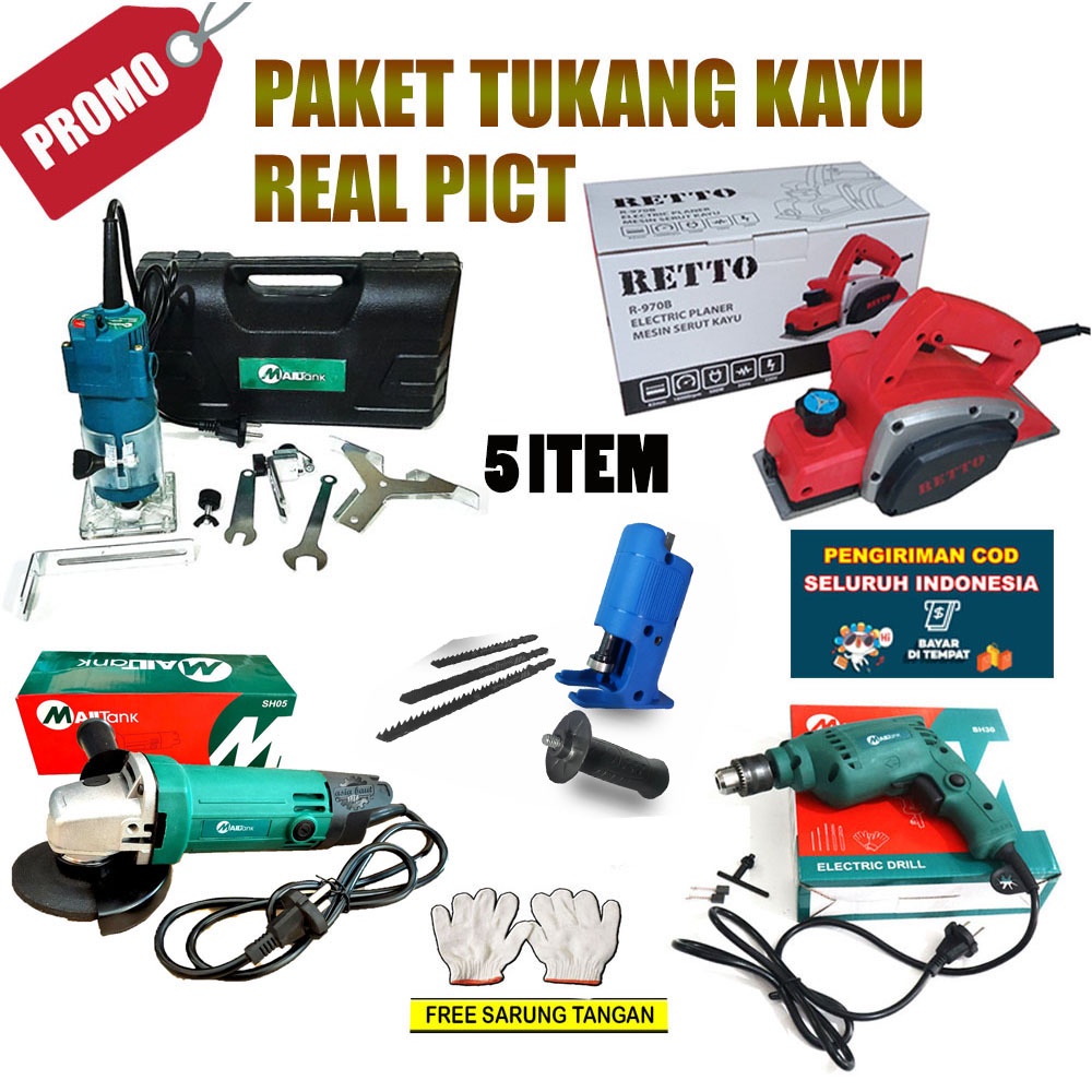 PAKET TUKANG KAYU , SERUT ,BOR 10MM, GERINDA Mailtank,PROFIL TRIMMER mailtank SATU SET