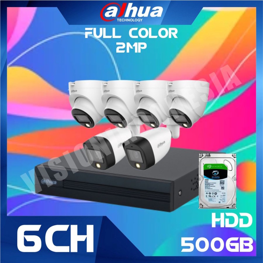 PAKET CCTV DAHUA 2MP COLORVU 6 KAMERA HDD 500GB SIAP PASANG