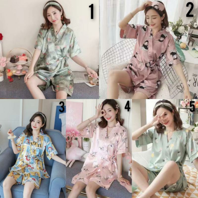 piyama wanita kimono hotpant bahan satin motif floral import