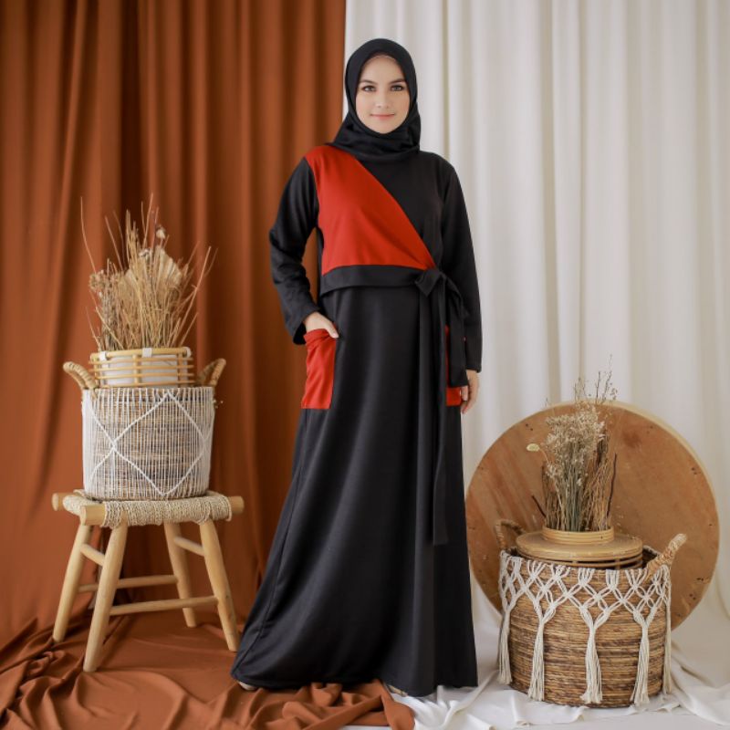 Baju gamis wanita Yava pocket maxy dress basic remaja cewek terbaru pakaian fashion muslim casual warna hitam merah model simple kekinian long rajut lengan panjang hijab kondangan rayon twill toyobo adem wanita cewek remaja dewasa cantik elegant