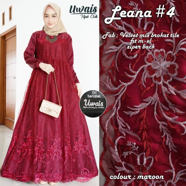 Leana #4 Dress by Uwais Hijab Cloth Ori Berlebel Velbet Mix Brokat Tile Cantik Terbaru