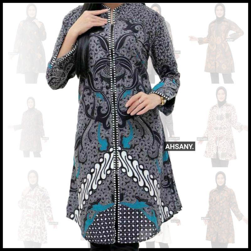 Tunik Batik Wanita Tradisional Butik Muslimah Resleting Depan Motif Warna Abu Coklat Merah Gelap Fashion Wanita Muslimah Bisa Seragaman Acara Pernikahan Komunitas COD Pekalongan Solo Jawa Timur Jakarta Kalimantan Sulawesi M L XL XXL JUMBO