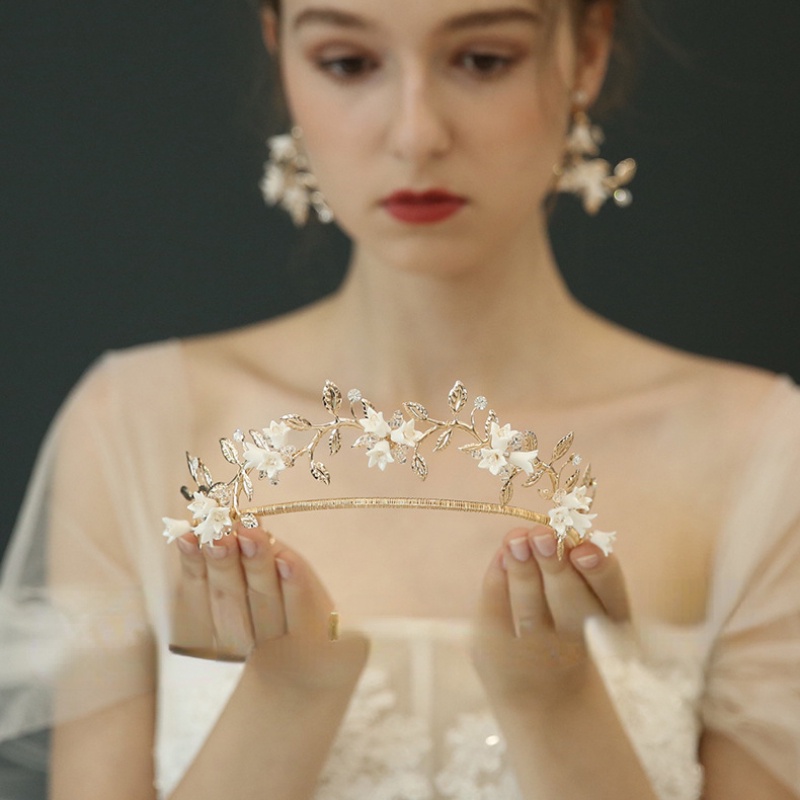 Set Mahkota tiara Dan Anting Bahan Keramik Untuk Pengantin