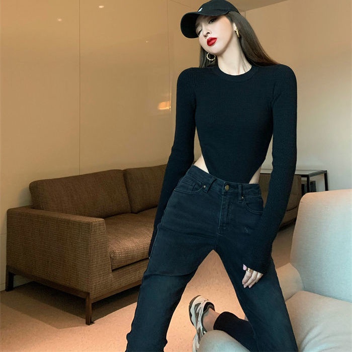 impor leher bulat lengan panjang T-shirt wanita ketat bottoming one-piece bodysuit waistless sexy to