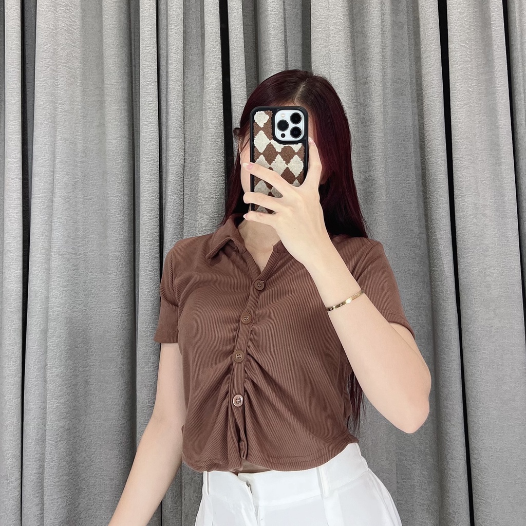 Kem kerut short sleeve | Crop top kerut kancing