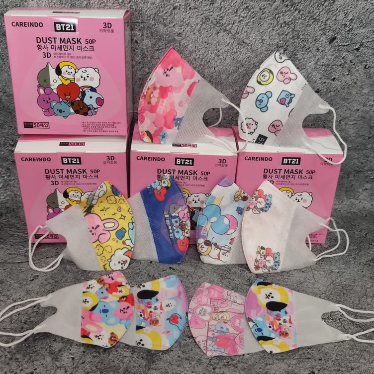 Termurah [isi 50pc] MASKER DUCKBILL ANAK BTS BT21 FACEMASK 3 PLY