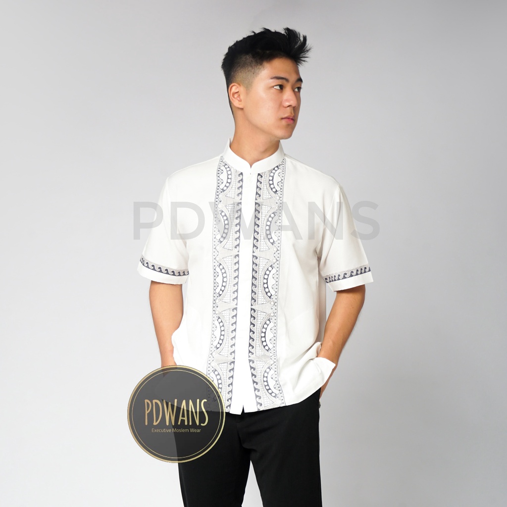 Baju Koko Lengan Pendek Putih Kemeja Koko Muslim Bordir M L XL PDWANS - BMT32