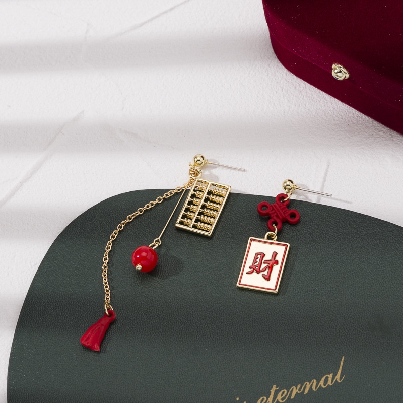 [littlecrab] Anting Wanita Sempoa Merah Emas Huat Simple Elegan Anting Beda Kiri Kanan Cai Woman Earrings Anting Berkualitas Tinggi Korean Style