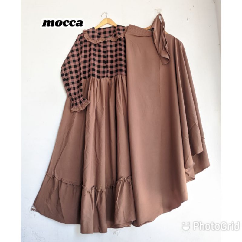 (COD)Gamis Itycrep Set Syar'i Andini kotak-kotak by azka collection//Set hijab Andini by azka collec