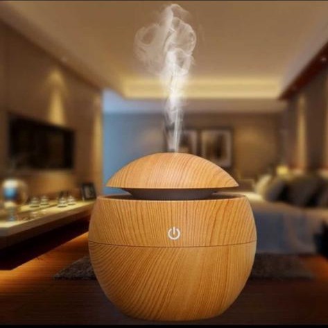 AIR HUMIDIFIER ESSENTIAL OIL DIFFUSER AROMA TERAPI BULAT MOTIF KAYU - COKLAT MUDA