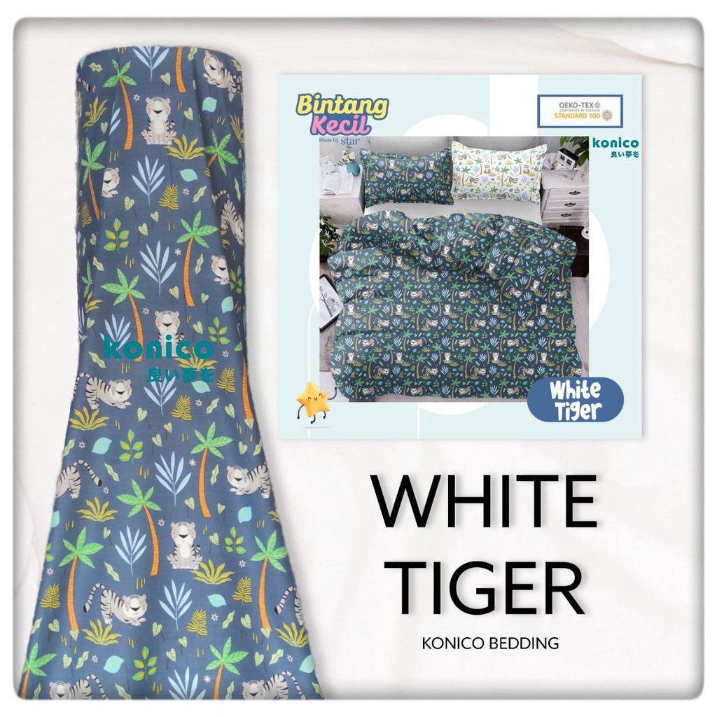 KONICO Bahan Kain Sprei katun Motif tabur Anak WHITE TIGER NAVY | ELBHE STAR CATRA GROW ( METERAN )