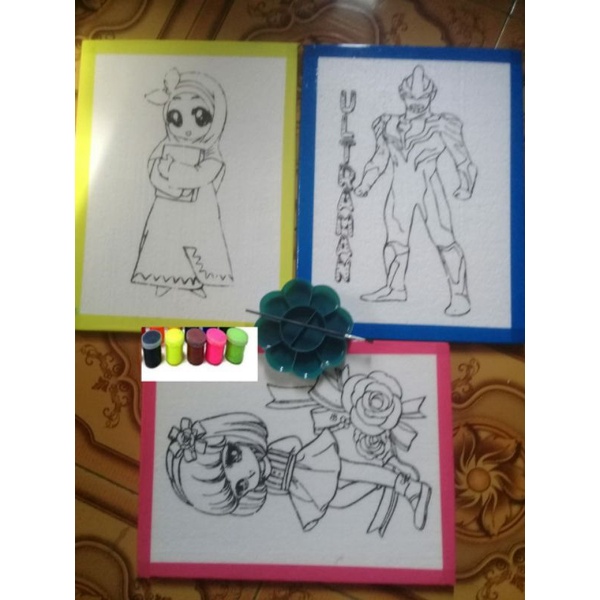 

paket mewarnai bahan styrofoam paket koas,palet,dan 5botol cat 25 ml