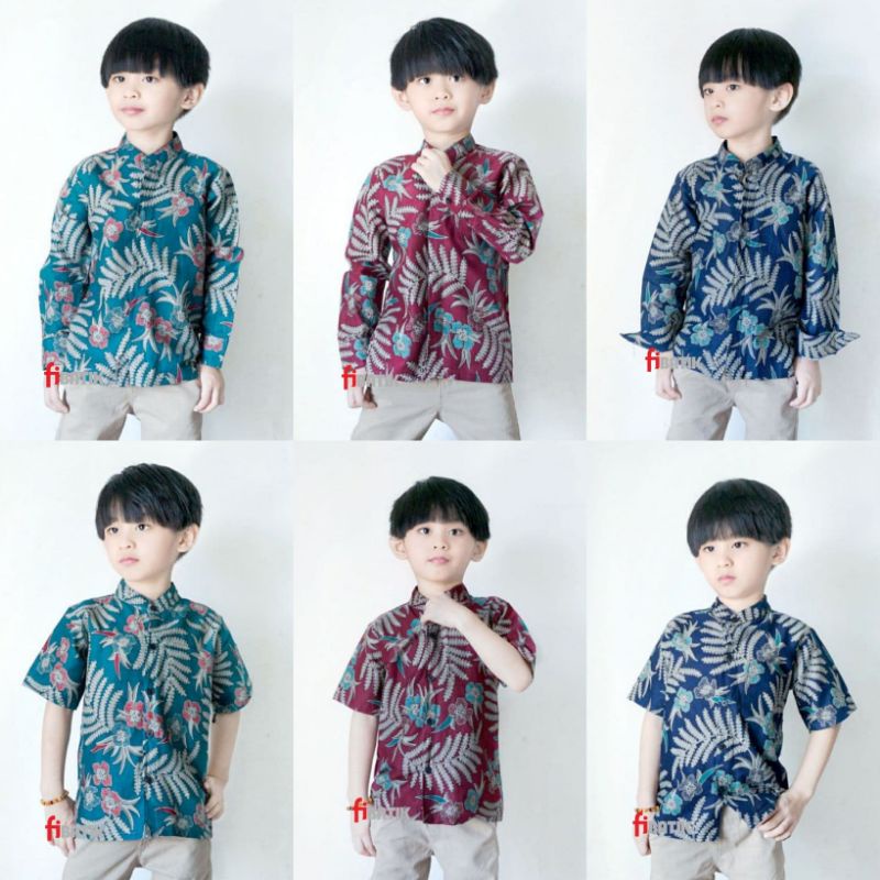 Kemeja Batik Anak Laki-laki Lengan Panjang Dan Pendek Motif Putri Malu Varian Tiga Warna Navy Toska Dan Marun / Batik Anak Kerah Sanghai