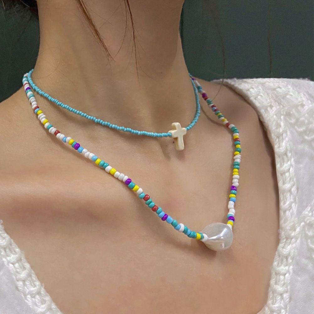 Kalung Rantai Klavikula Model Lapis Ganda Aksen Mutiara Untuk Wanita