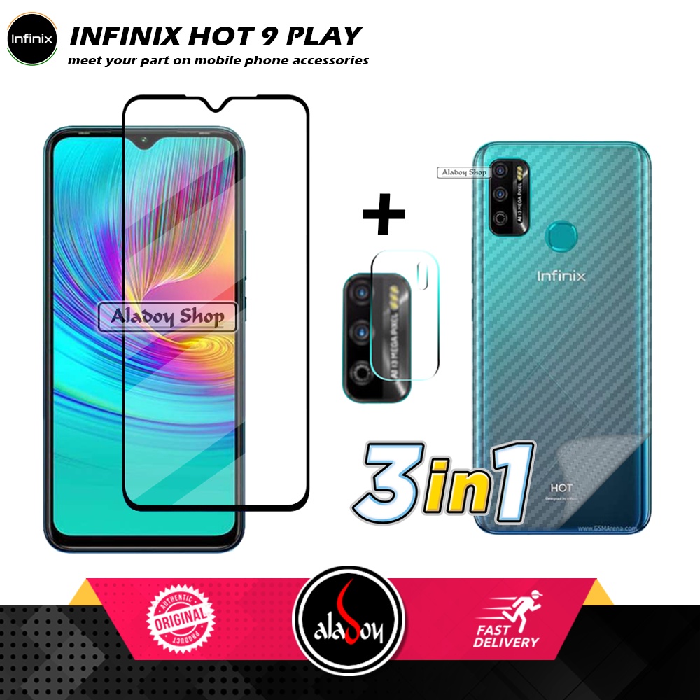 PAKET 3 IN 1 Tempered Glass Layar Infinix Hot 9 Play Free Tempered Glass Camera dan skin carbon